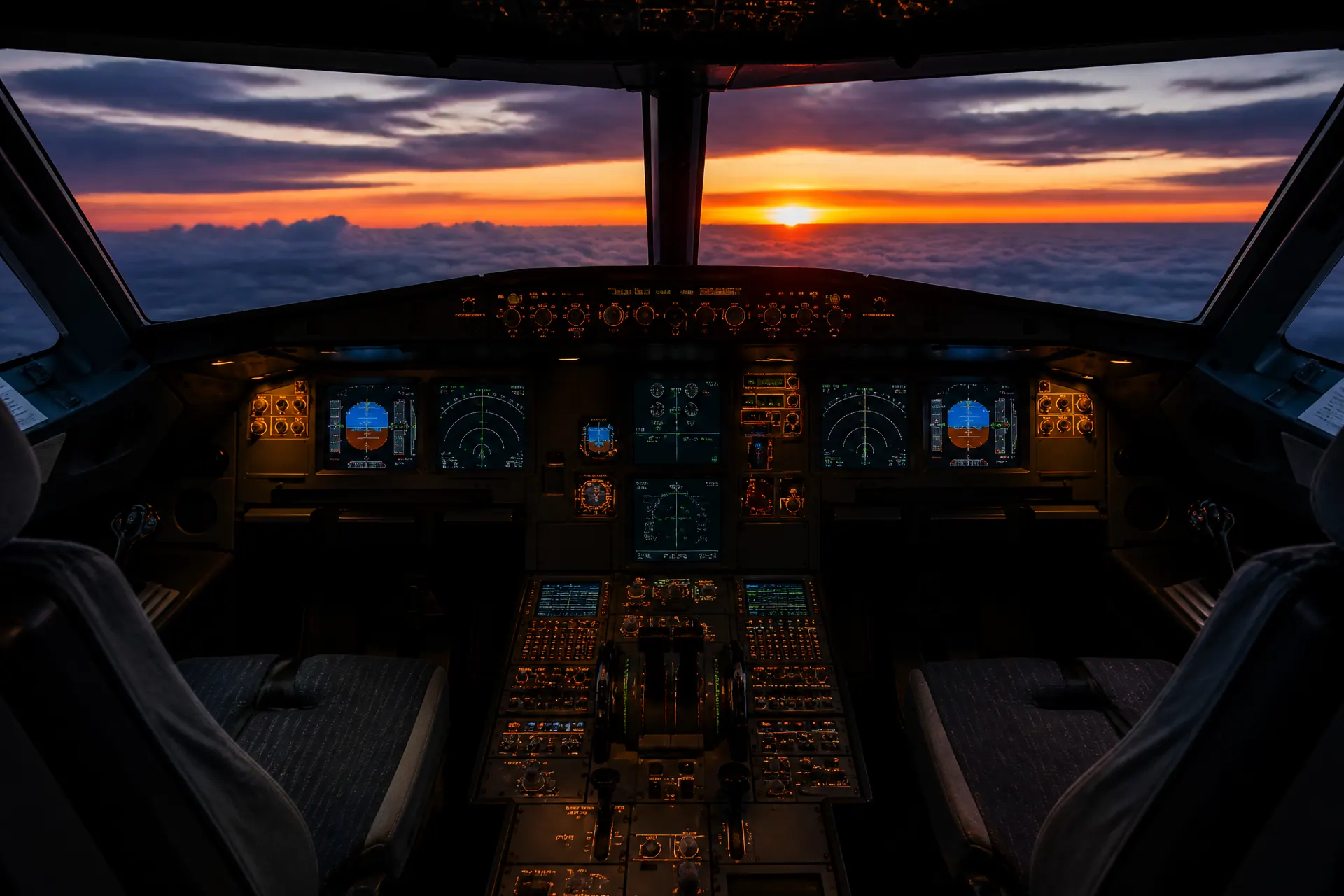 A320 cockpit at dusk