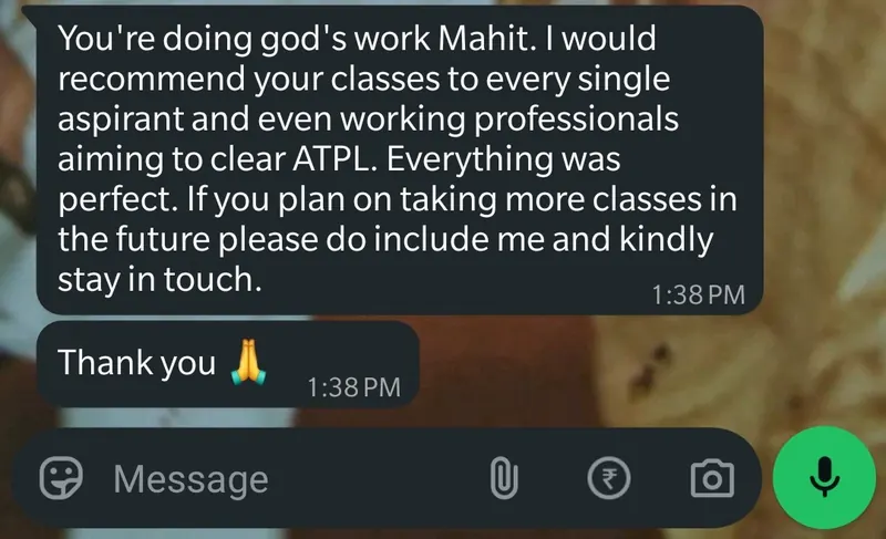 WhatsApp feedback from Amey Kamat for Pankh Aviators